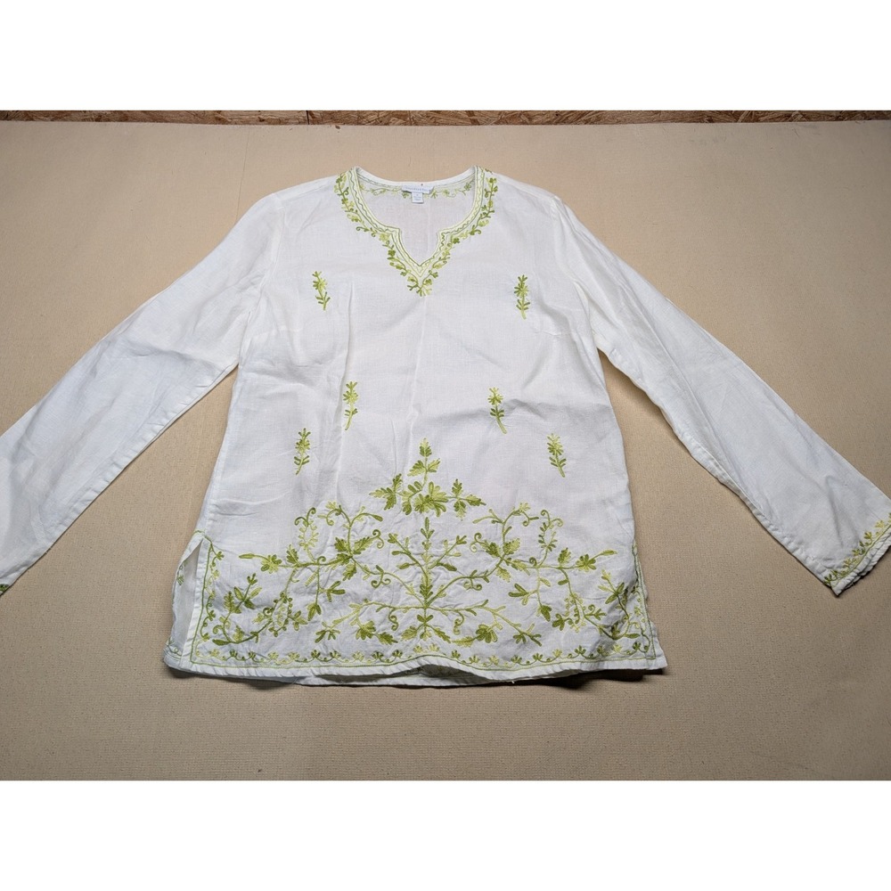 Charter Club Women's Shirt Size 8 White With Green Embroidery 100% Linen Travel